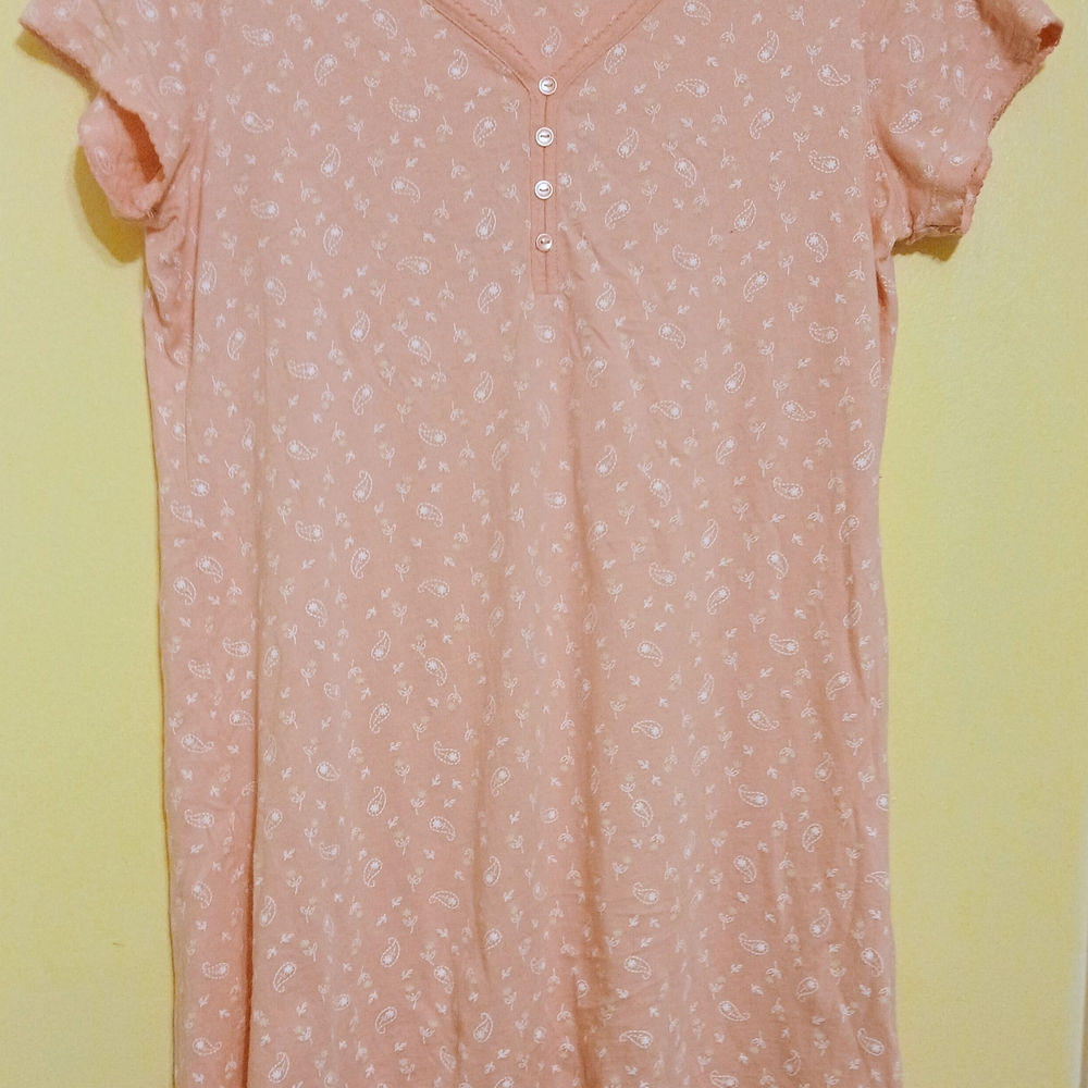 Charter Club Peach Short-Sleeve Henley Nightshirt with White Paisley Print
